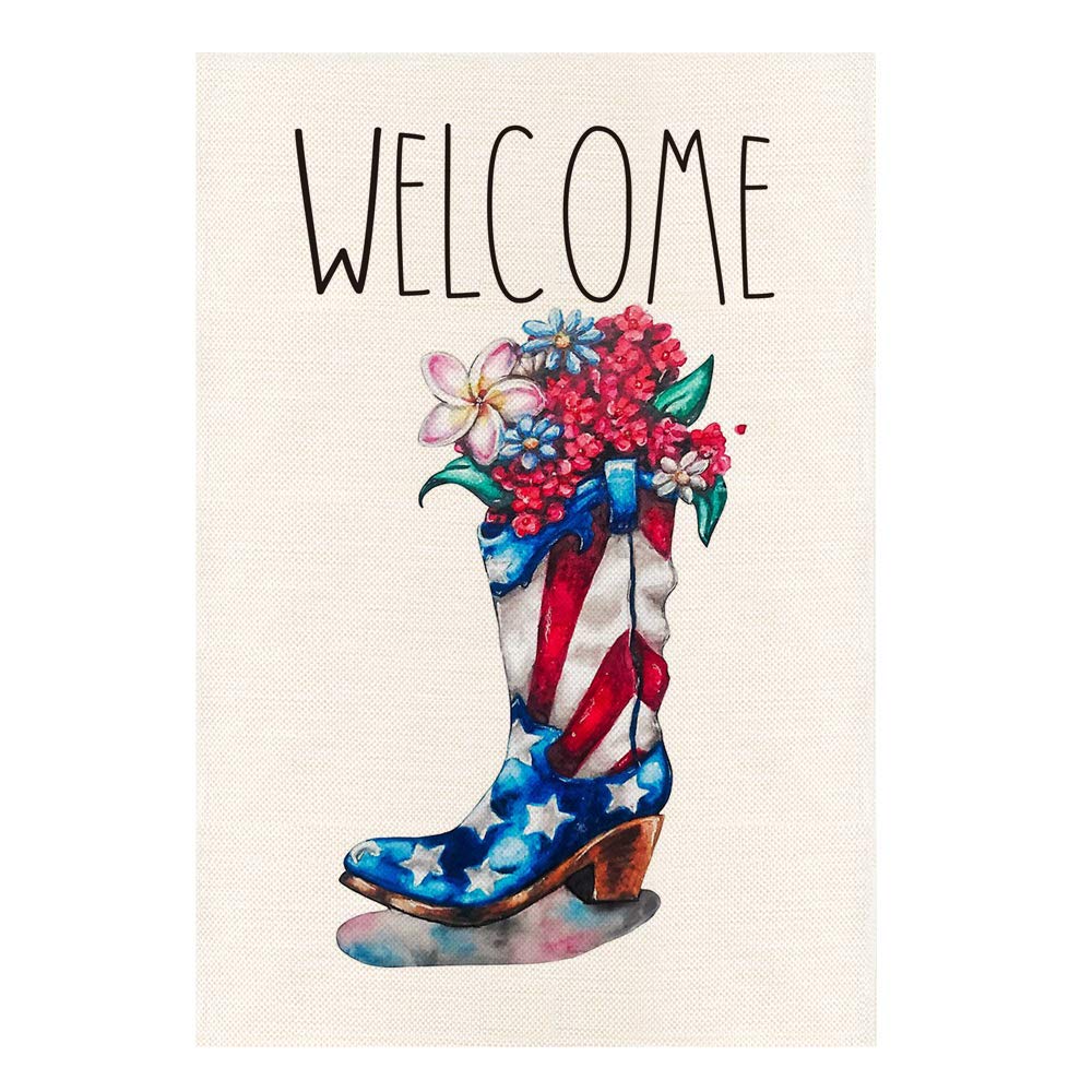 MONORD Cowgirl Cowboy Boot 4th Fourth of July Garden Flag Vertical Double Sided, Patriotic Flowers Farmhouse Independence Day Yard Outdoor Decor 12.5 x 18 Inch
