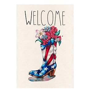 MONORD Cowgirl Cowboy Boot 4th Fourth of July Garden Flag Vertical Double Sided, Patriotic Flowers Farmhouse Independence Day Yard Outdoor Decor 12.5 x 18 Inch