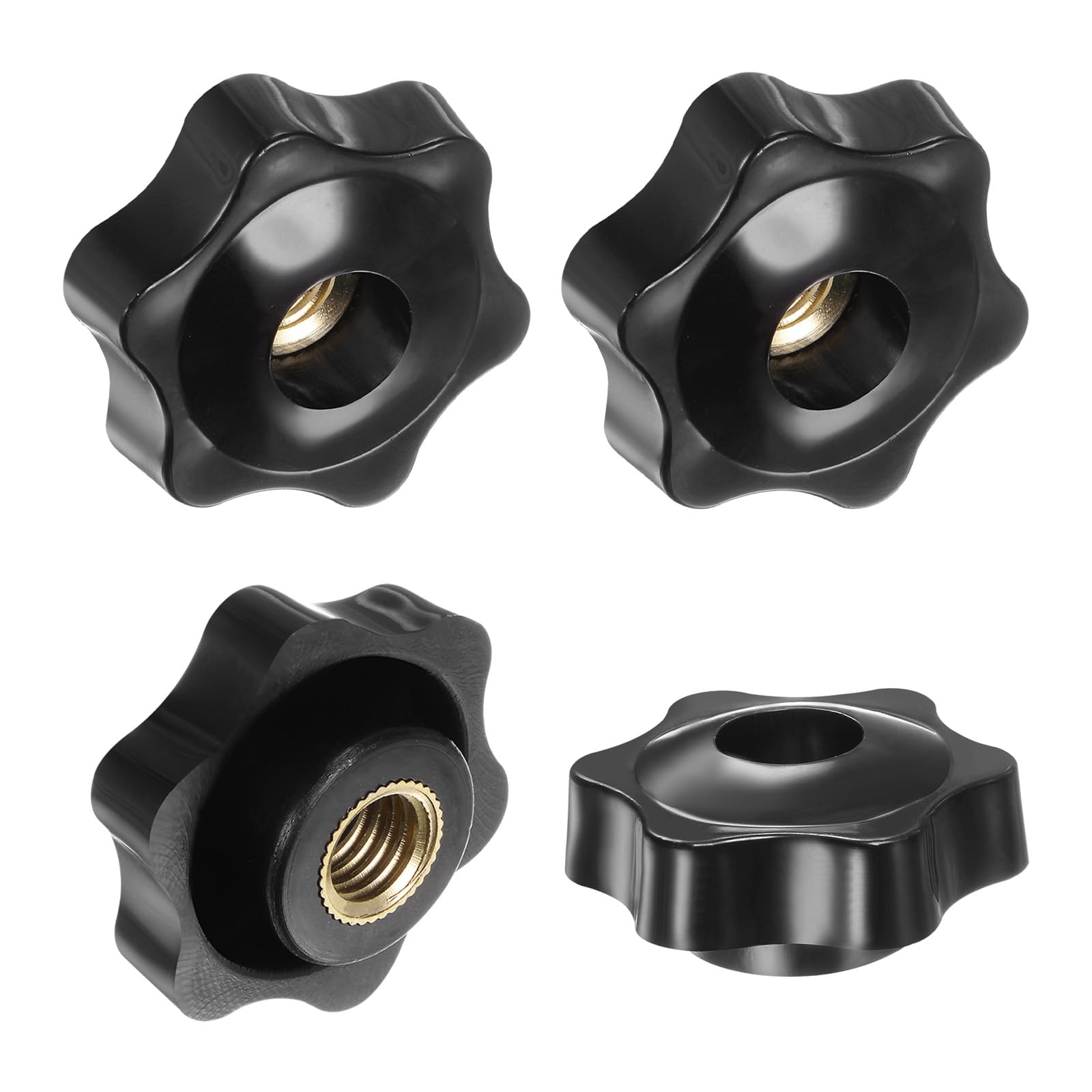 M METERXITY 4-Pack 6 Star Knobs, M10 Female Thread 38mm Hexagon Head Through Hole Clamping Grip Handles for Machinery/Electronic/Woodworking, Brass Screw-On Threaded Knob [Black]