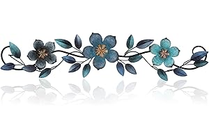 Wesiti Metal Flower Wall Decor Vintage Metal Flower Wrought Iron Scroll Sculpture 15.7''x3.7'' Farmhouse Leaves Scroll Wall Decor Above Door Bed Home for Living Room Bedroom Outdoor (Blue)