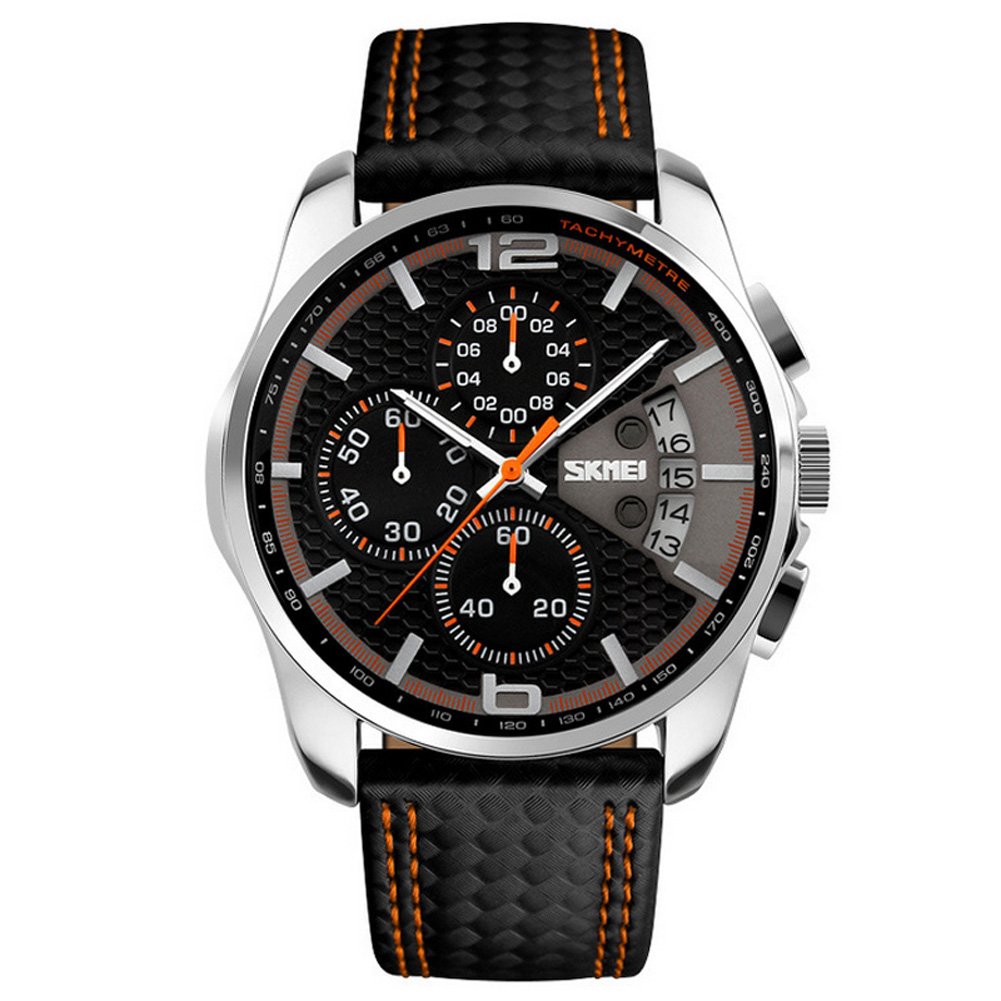 OUMOSI Men\'s Watches Chronograph Leather Quartz Casual Wristwatch (Black and Orange)