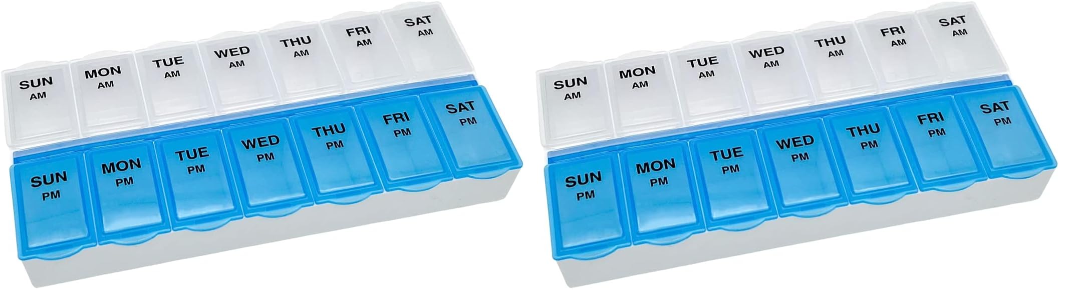 Amazon Basic Care 7-Day AM/PM Pill Organizer | Large Compartments | 2 Times Daily | Blue Clear Lids | Pack of 2