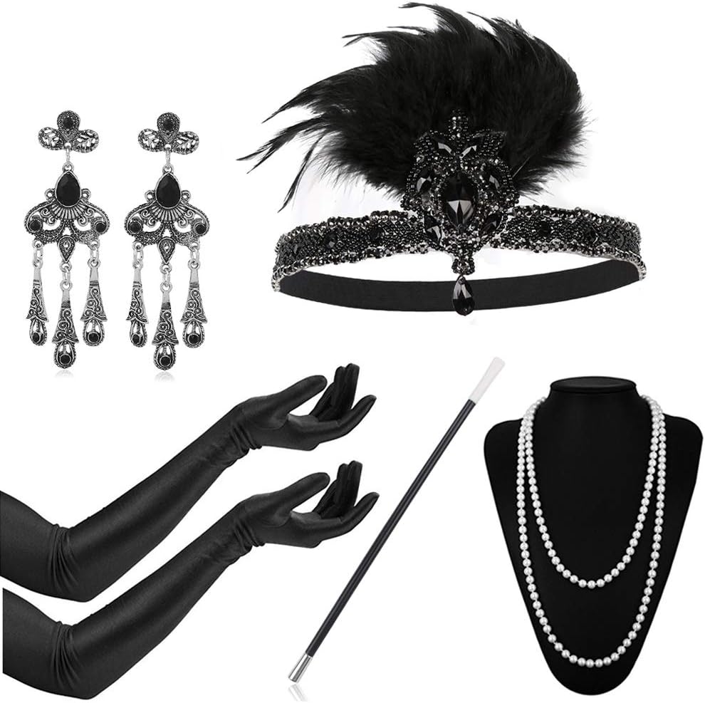 1920s Accessories Headband Earrings Necklace Gloves 20s Flapper Gatsby Costume Accessories Set