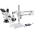 AmScope SM-4TX-144A Trinocular Stereo Microscope, WF10x Eyepieces, 3.5X-45X Magnification, 0.7X-4.5X Objective Power, 0.5X Barlow Lens, 144-Bulb Ring-Style LED Light Source, Double-Arm Boom Stand, 110-240V , White