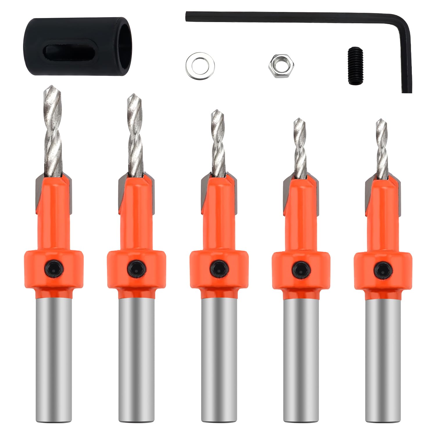 YIXISI 5 PCS 8mm HSS Countersink Drill Bit Set, Woodworking Chamfer Counter Bit, Tapered Drill Bit for Wood Drilling, with Drill Stop Ring and Hex Wrench