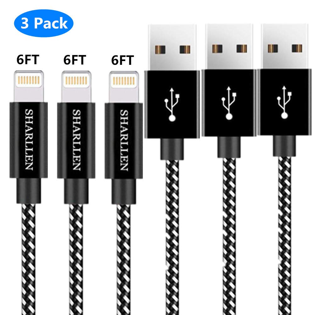 Sharllen MFi Certified iPhone Charging Cable 3 Pack 6FT Nylon Braided Fast USB Charging&Syncing Cord Cell-Phone Charging Cable Compatible iPhone Charger XS/Max/XR/X/8P/8/7/7P/6/iPad/iPod(Black-6FT)
