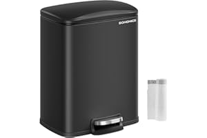 SONGMICS Trash Can, Garbage Can with Lid, 5.2-Gallon (20L) Step Trash Bin for Kitchen, Stainless Steel, Soft Close and Stays Open, Inner Bucket, Includes 15 Trash Bags, Black ULTB543B01