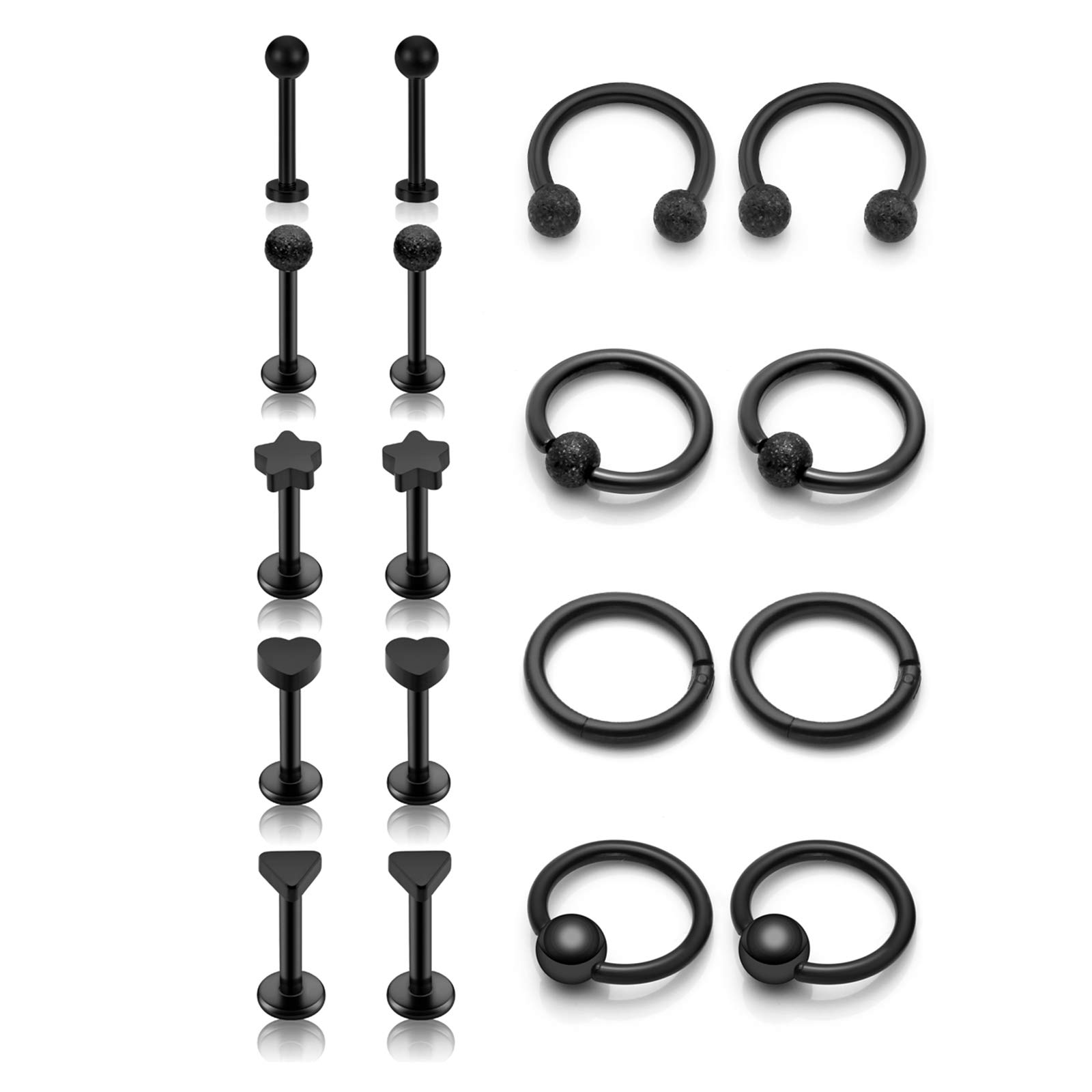PiercingJak Piercing Set 18 Pieces 1.2 mm Stainless Steel Ring + Labret Piercing Horseshoe Hoop Septum Lower Lip Ball Piercing for Ear Lip Helix Tragus Black Gold Silver black