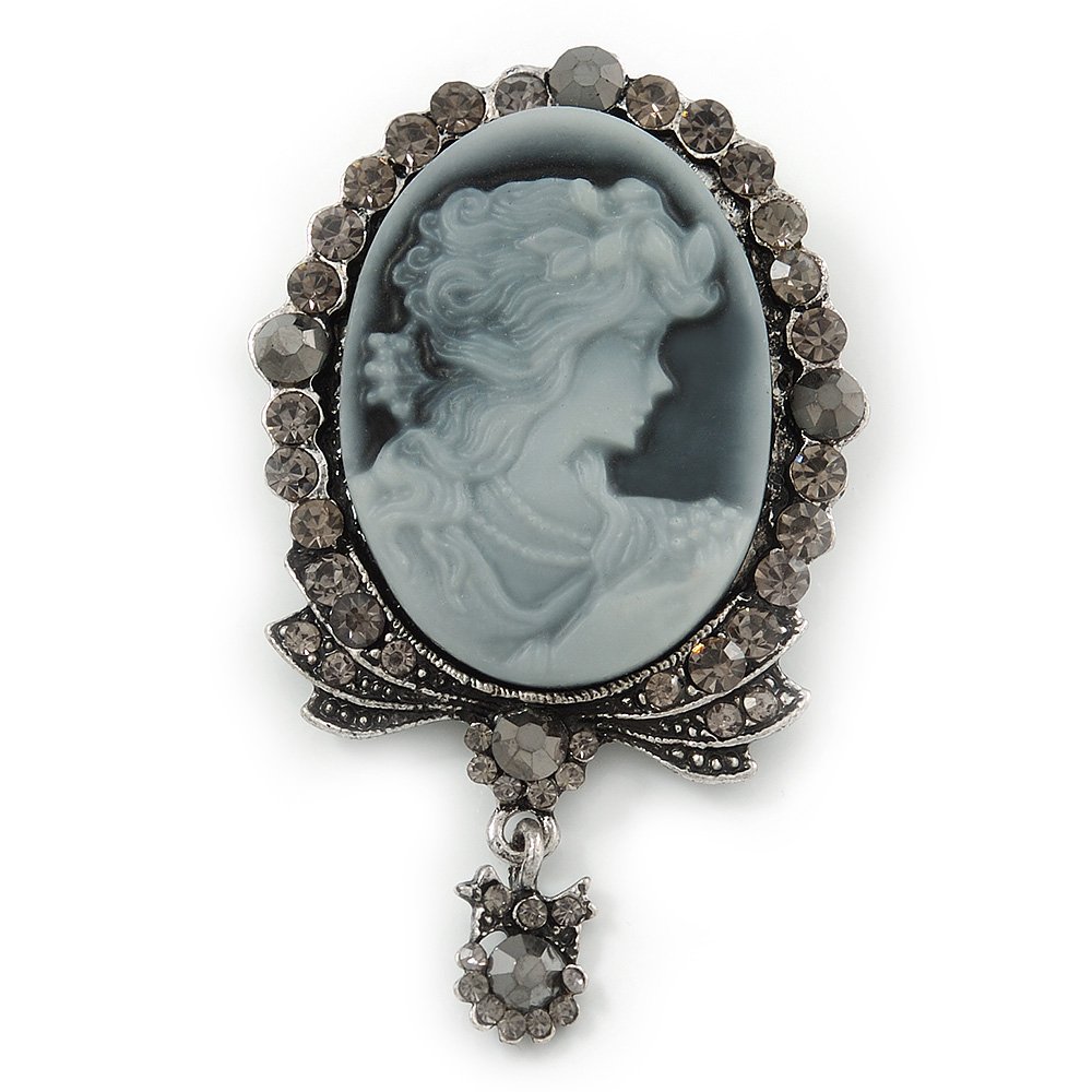 Vintage Inspired Grey/Hematite Crystal Cameo with Charm Brooch In Antique Silver Tone - 63mm Across