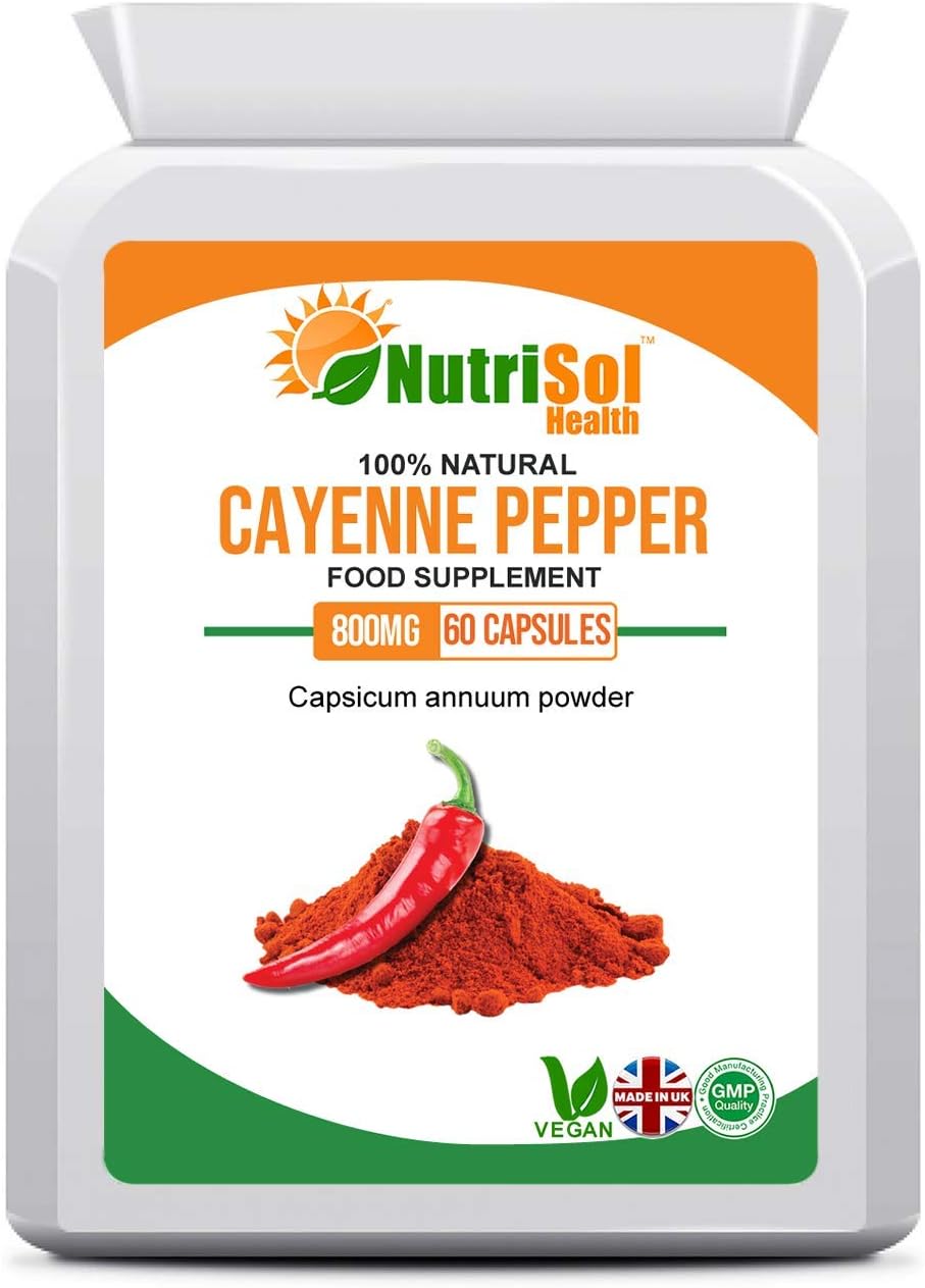 NutriSol Health Cayenne Pepper - Capsicum Annuum 800mg 60 Vegan Capsules | Thermogenic Agent | May Help Boost Metabolism | May Help Support a Healthy Heart | GMP Quality Supplement