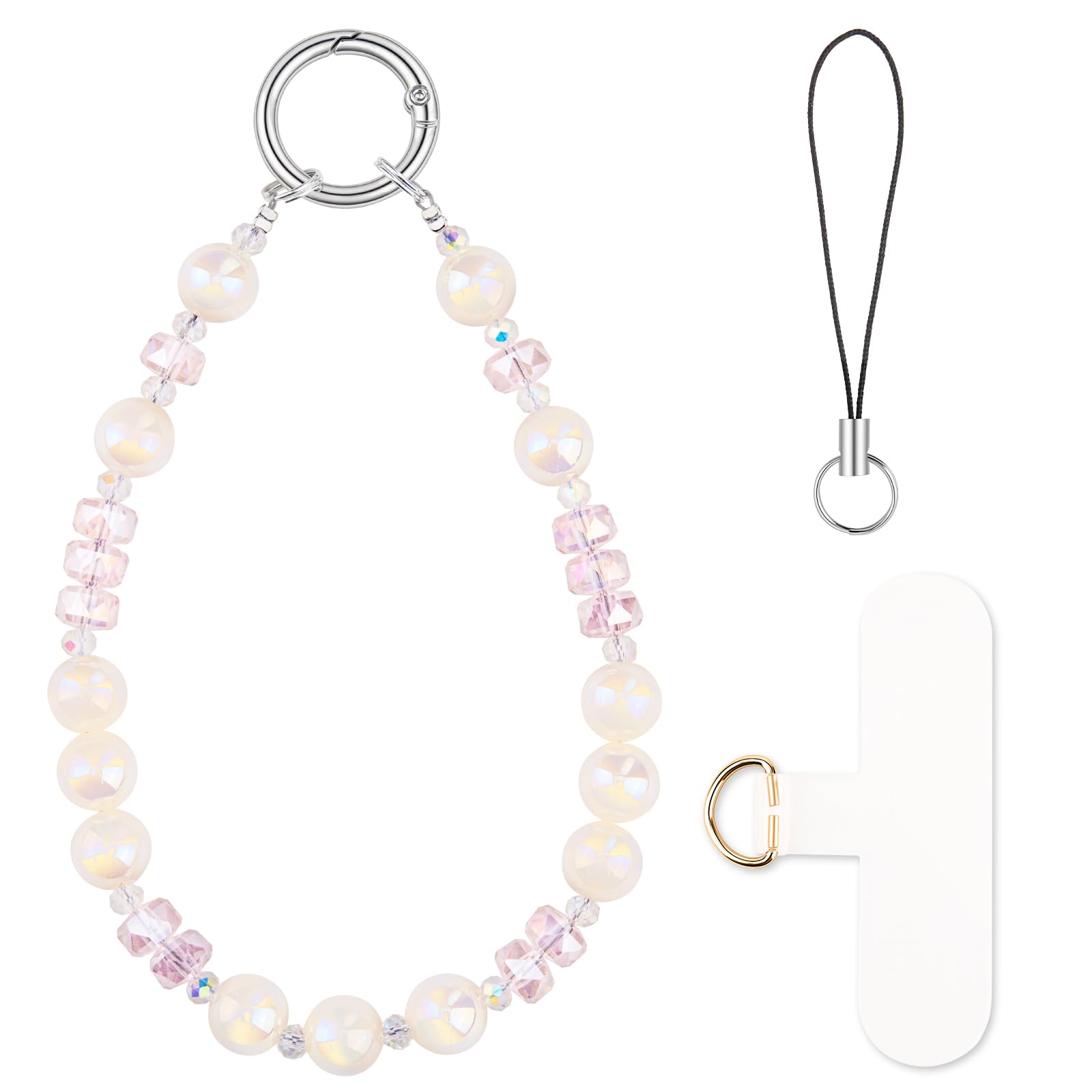 HONZUEN Phone Charm Wrist Strap, Beaded Phone Bracelet Strap for Women, Wristlet Chain for Cellphone Camera, Blush Pearl
