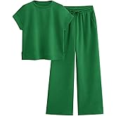PRETTYGARDEN 2 Piece Outfits For Women Casual Tracksuit Short Sleeve Tops And Wide Leg Long Pants Matching Lounge Sets