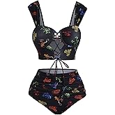 DRESSFO Bikini Set for Women Two Piece Bathing Suit High Waisted Bikini Gothic Sun and Moon Tummy Control Swimsuits