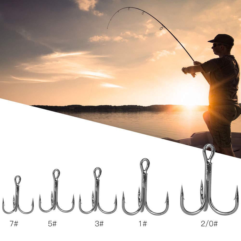 50PCS Metal Fishhooks Five Kinds of Size Treble Fishing Hooks Sharpened Barbed with Plastic Box for Freshwater/Seawater