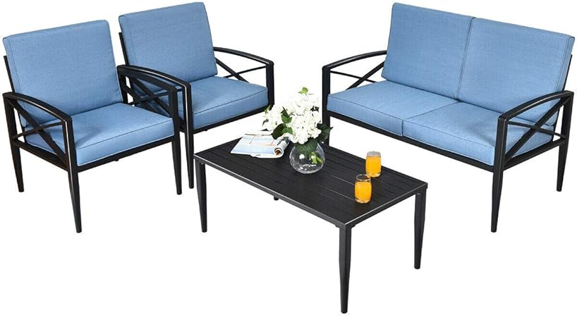 Amazon Com Happygrill 4 Piece Patio Conversation Set Outdoor Aluminum Sofa Set With Padded Cushions Patio Furniture Set With 1 Loveseat 2 Single Sofas 1 Coffee Table Garden Outdoor
