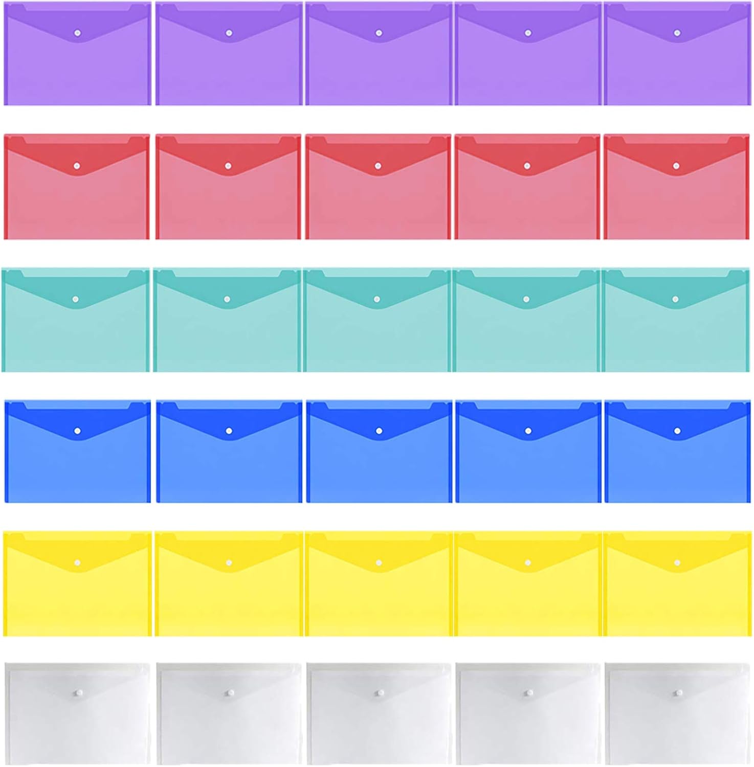 Cooldool 30 Pcs Poly Envelope Folder with Snap Button Closure, Premium Quality Plastic Envelopes, Waterproof Transparent Project Envelope Folder, A4 Letter Size in 6 Assorted Colors : Office Products