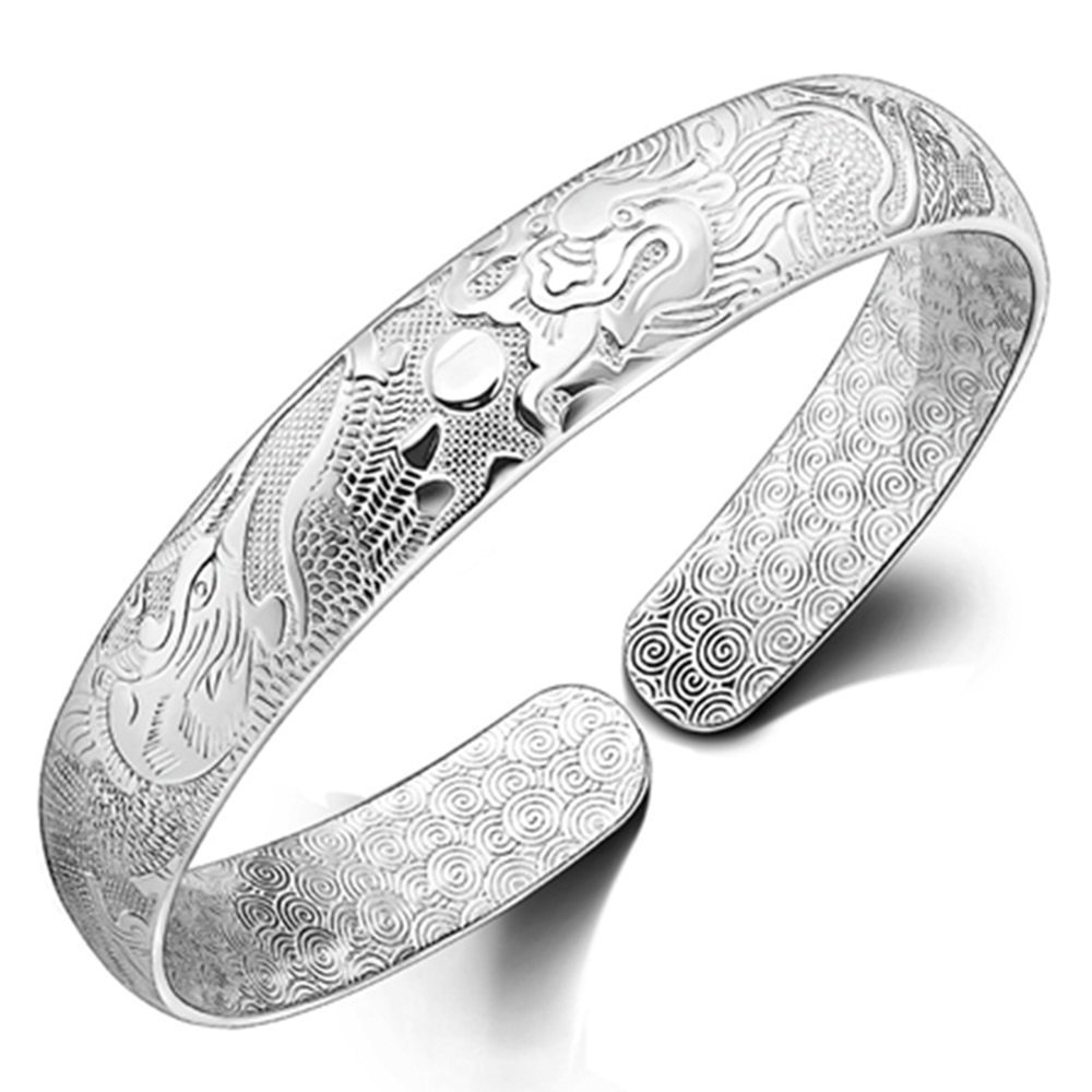 Onefeart Sterling Silver Bangle for Women Bracelet for Girls Dragon and Phoenix 10x55MM Chinese Style