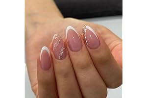 STBISEN French Press On Nails Short Almond, Nude Fake Nails with White French Tip and Minimalist Gold Line Design, Glossy Gel Finish Acrylic Nails, Natural Reusable Glue On Nails Kit for Women, Luxe Line