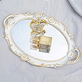 Schonee Oval Vintage Decorative Mirror Tray, Jewelry Cosmetics Makeup Dresser Storage Organizer Tray, Serving Tray (9.8”x 14.6”) White