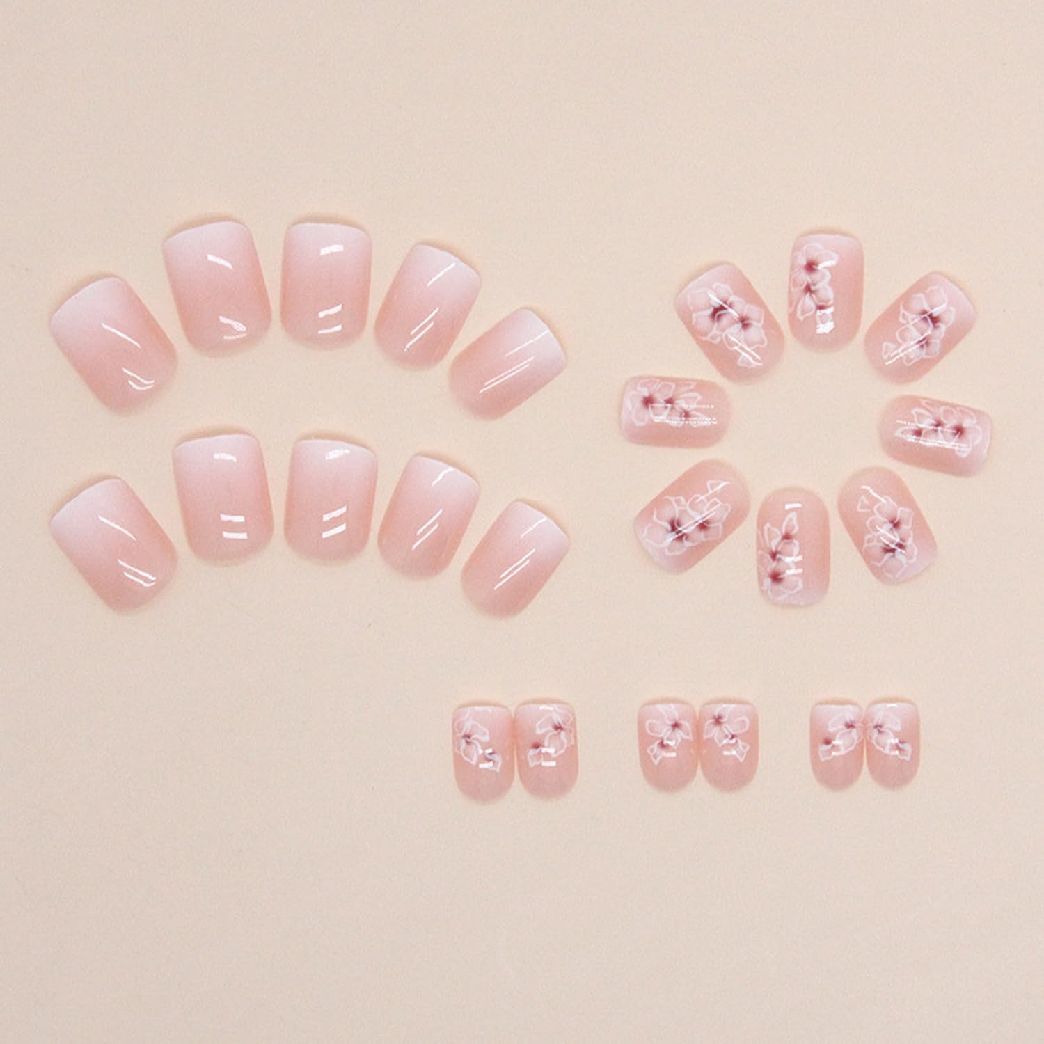 24pcs Press on Nails Short Square Fake Nails Petite White Pink Gradient False Nails Acrylic Nails with French Colorful Floral Designs Artificial Nails Glossy Stick on Nails for Women and Girls Summer - Image 4