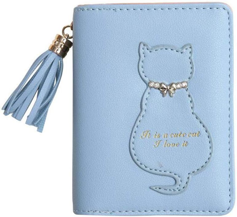 Oyccen Cute Cat Ladies Wallet Tassel Coin Purse with Zipper Pocket Short PU Leather Card Case, Blue