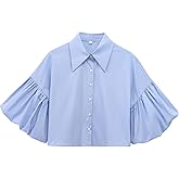 Bozanly Womens Cute Lantern Sleeve Crop Tops Polo Collar Button Down Loose Tees Shirts Blouse