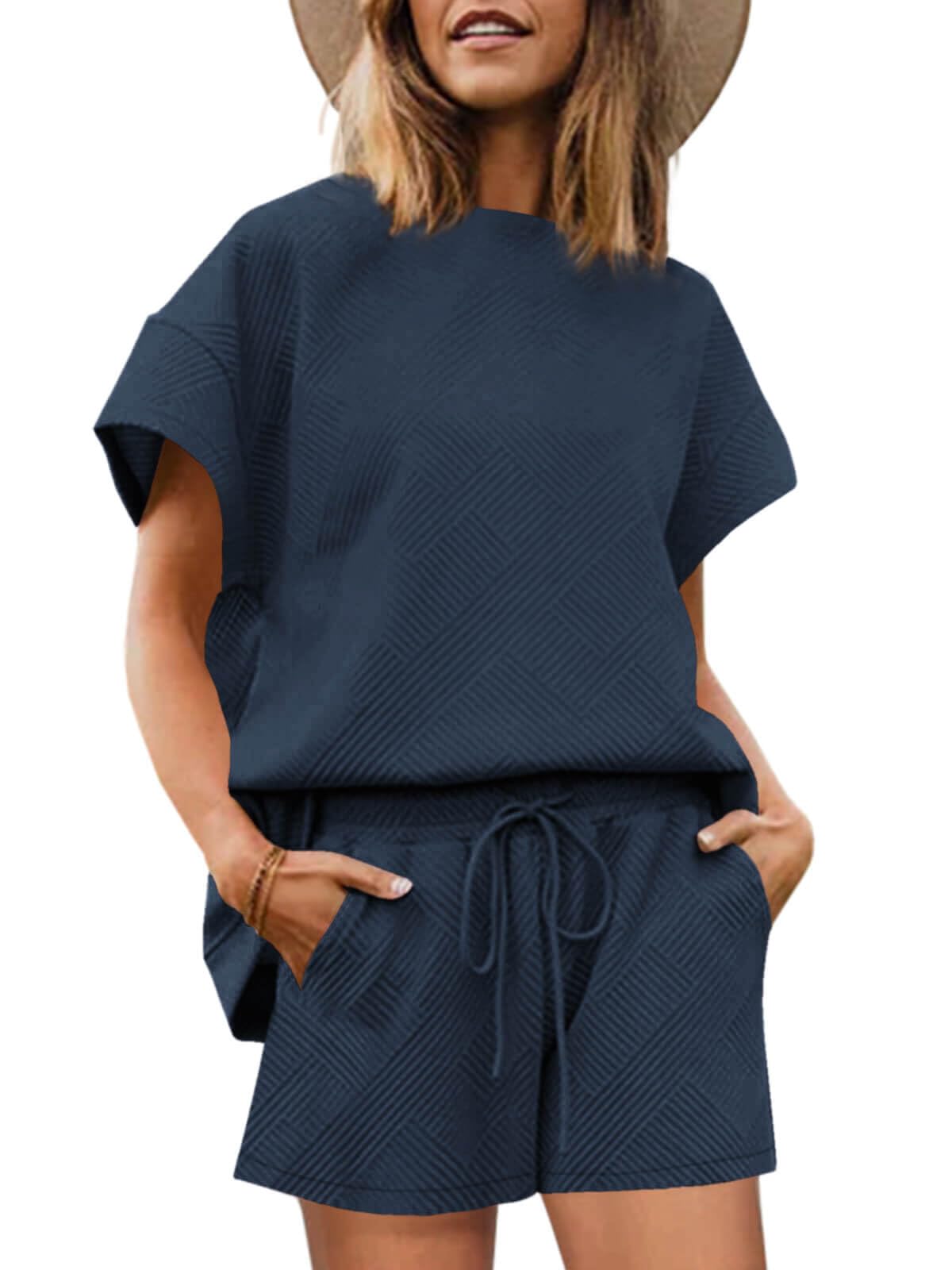 Photo 1 of Tankaneo Womens Loungewear Set Short Sleeve Tops and Shorts 2 Piece Outfits Matching Lounge Pajama Set with Pockets Navy