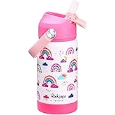 rockpapa 14 oz Kids Insulated Water Bottle,Stainless Steel Toddler Cups with Straws, BPA Free, Leak-Proof, Kids Water Bottle for School Boys& Girls (White Rainbow)