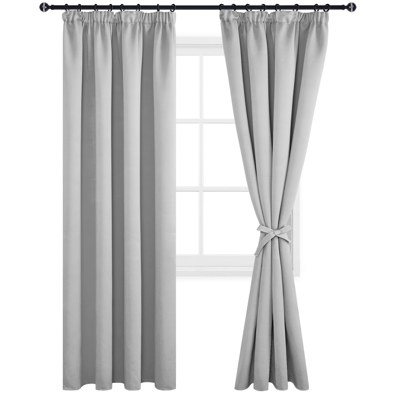 DWCN Blackout Curtains for Bedroom Thermal Insulated Curtains with Tiebacks Pencil Pleat Window Curtains for Living Room 55 x 96 inch Length, Silver Grey, 2 Panels