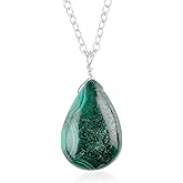 Natural Malachite Pear Pendant Necklace – Handmade Green Gemstone Pendant for Women – January Birthstone Jewelry – Boho Style Gift – 18 inch AAA+ Quality