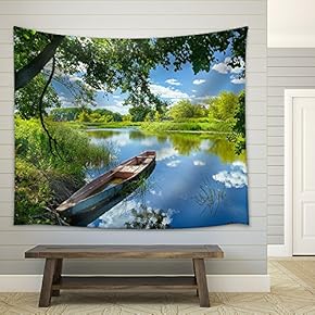 Spring Summer Landscape Blue Sky Clouds Narew River Boat - Fabric Wall Tapestry Home Decor - 51x60 inches