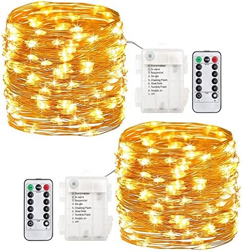 2 Pack Fairy Lights Fairy String Lights Battery Operated Waterproof 16.4 ft 50 LED String Lights Copper Wire Firefly Lights Remote Control for Wedding Party Christmas Decorations(Warm White)