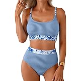 Herseas Women's Textured Bikini Sets Floral Print Trim Scoop Neck Swimsuits High Waisted Bathing Suits