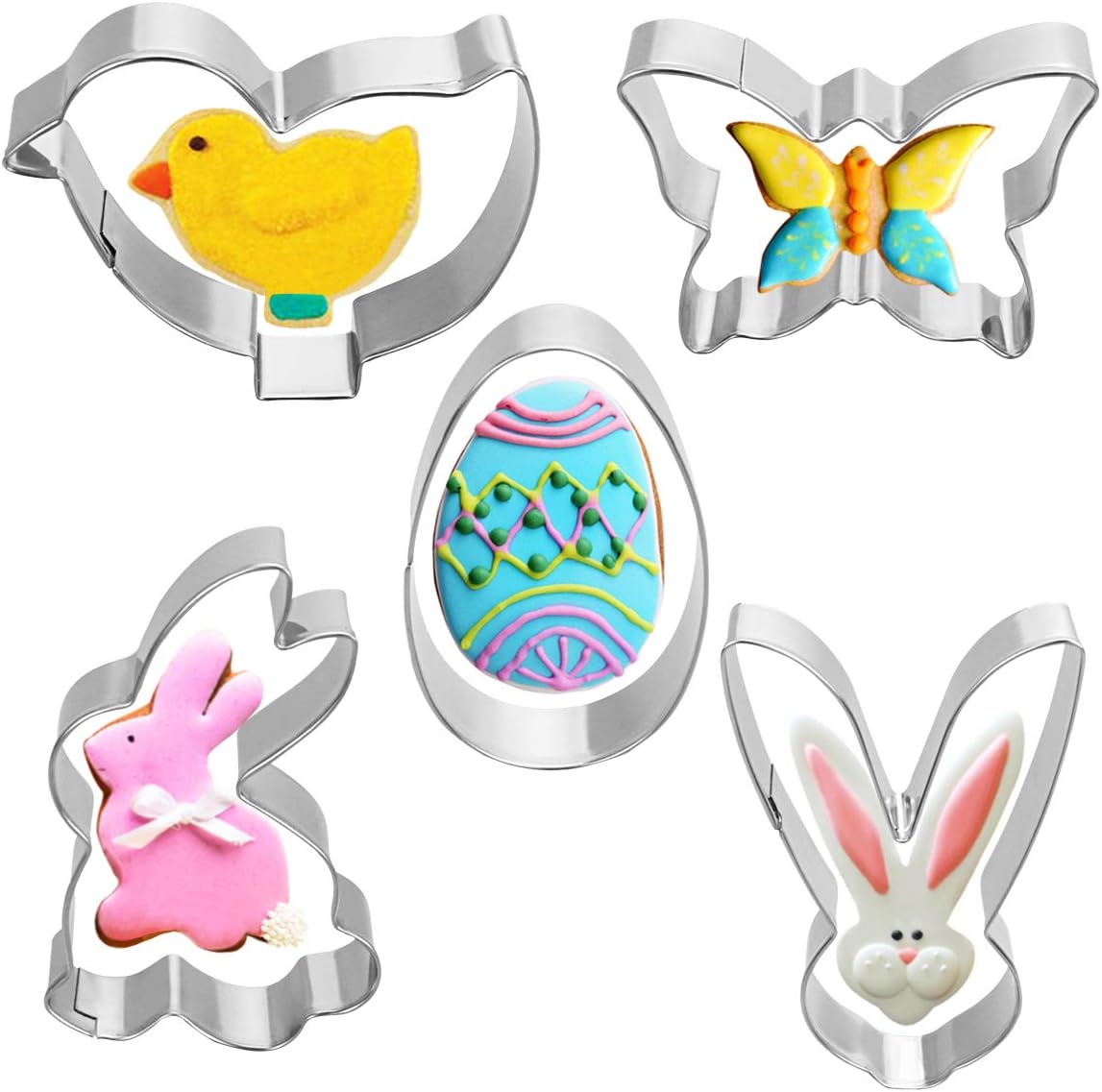 VHAUSE 5pcs Easter Mini Cookie Cutter Set - Stainless Steel Non-Stick Biscuit Moulds with Egg Rabbit Chick Butterfly Shapes for Kids Adults Baking