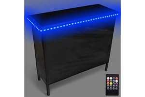 PARTYPONG PartyLife New & Improved Portable Bar Table w/LED Lights, Wireless Remote, Folding Legs, 2 Bar Skirts, Heavy-Duty Storage Shelf & Carrying Case - Black