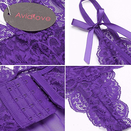 Avidlove Womens Sexy Peek-a-Boo Lingerie Mini Teddy Lace Babydoll Thong Bodysuit Purple XXL