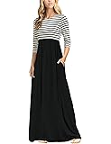 MEROKEETY Women's Striped Scoop Neck 3/4 Sleeve Casual Maxi Dress With Side Pockets