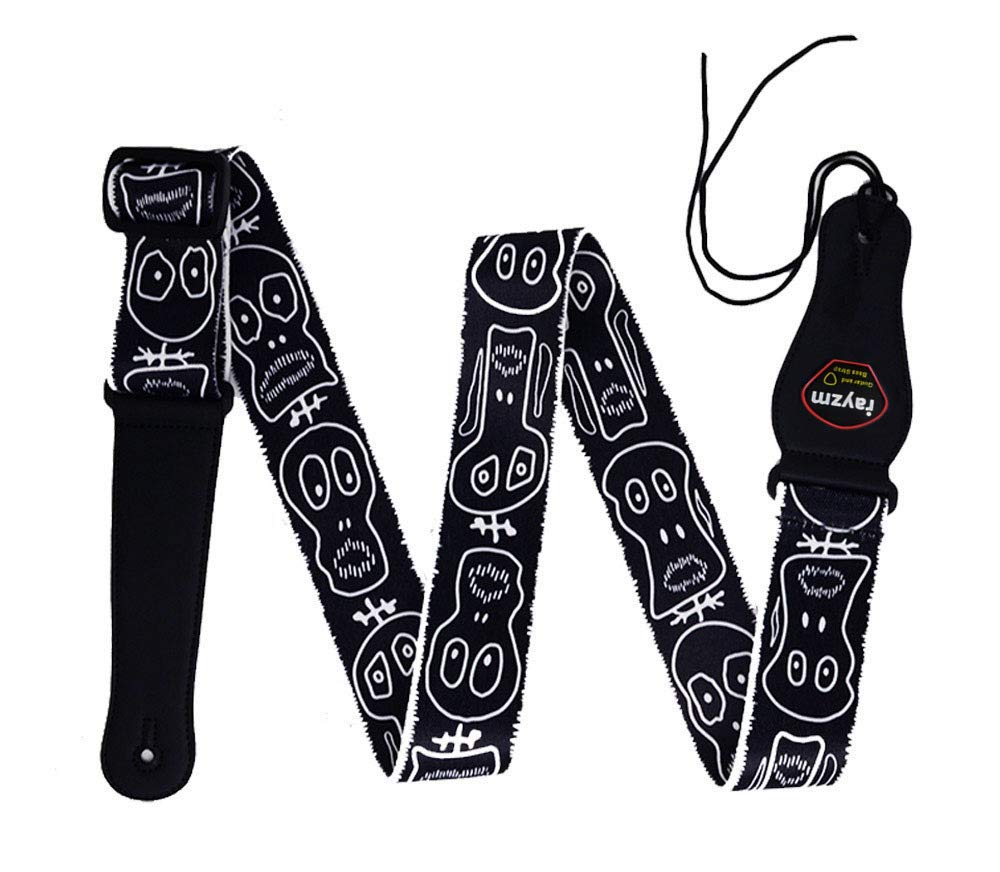 Rayzm Guitar Strap/Bass Strap, Polyester Belt for Acoustic/Electric/Bass Guitar with Plectrum Picks Pocket & Cool Skull, 5cm Wide, Adjustable Length