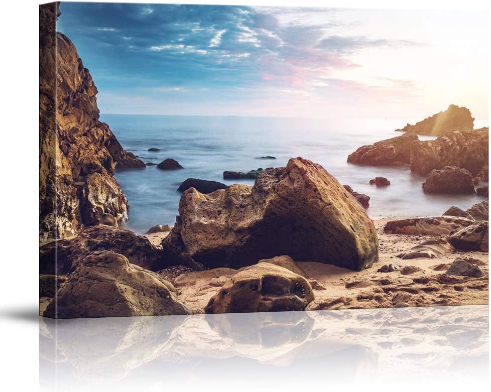 Canvas Print Wall Art Craggy Rocks on The Beach Shore with Clouds Marine Life Ocean Photography Modern Art Nautical Scenic Colorful Multicolor Ultra for Living Room, Bedroom, Office - 16"x24"