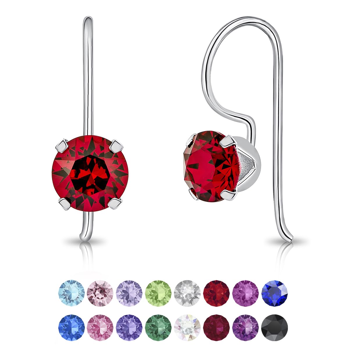 Ruby Earrings for Women - 925 Sterling Silver Dangle Earrings With Hook and Swarovski Crystal Light Elements - Red Drop Earrings With Colorful Crystals