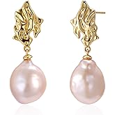 IDOKAWA Natural Pink Baroque Pearl Drop Earrings for Women, 18K Gold Plated Irregular Metal Statement Earrings Freshwater Pearls, 925 Silver Post, Unique Elegant Jewelry Gift