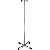 Medline 4 Leg IV Poles Stand, 2 Hook, 4 Caster, Chrome, 47 to 85" Adjustable Height