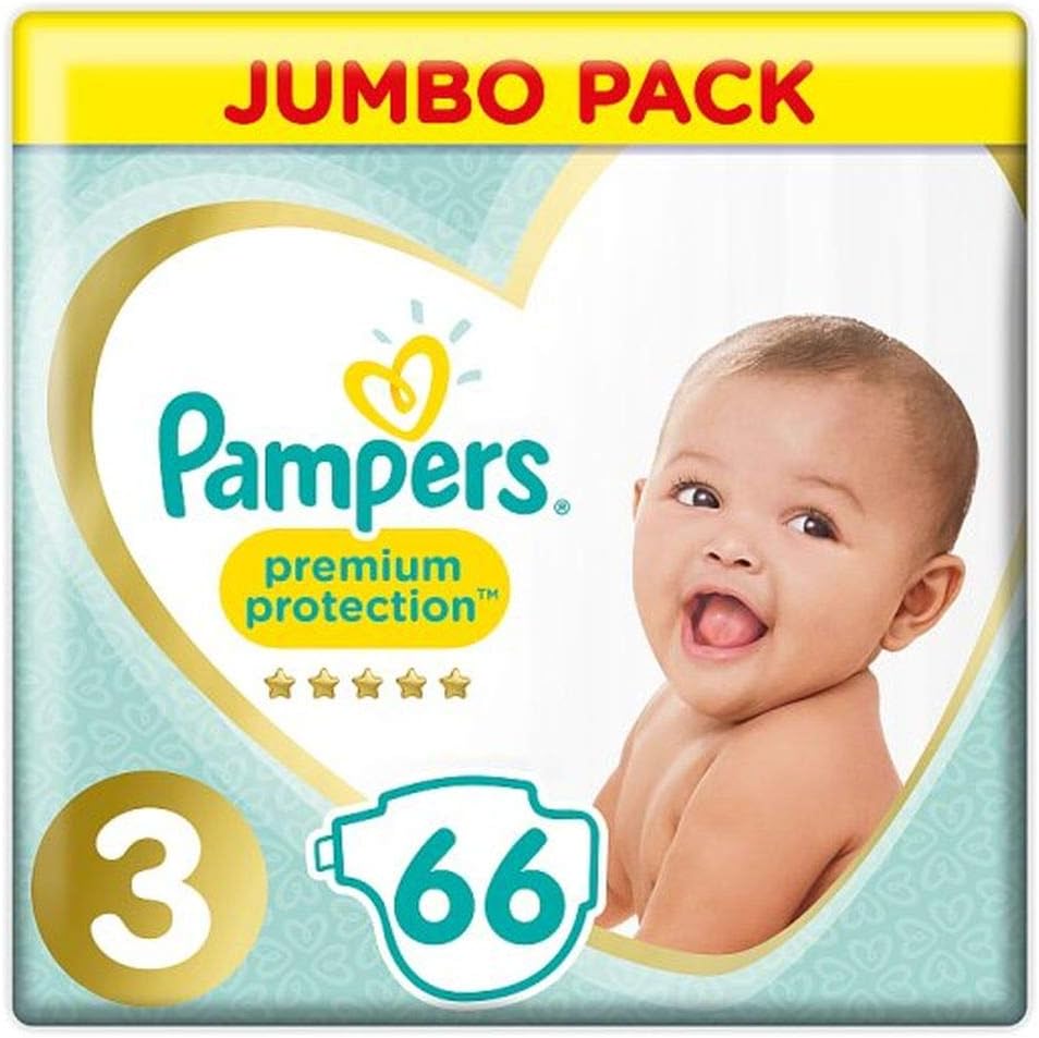 Pampers Premium Protection Size 3, 66 Nappies, 6-10kg, Jumbo Pack, White, Size 3 (Pack of 66)