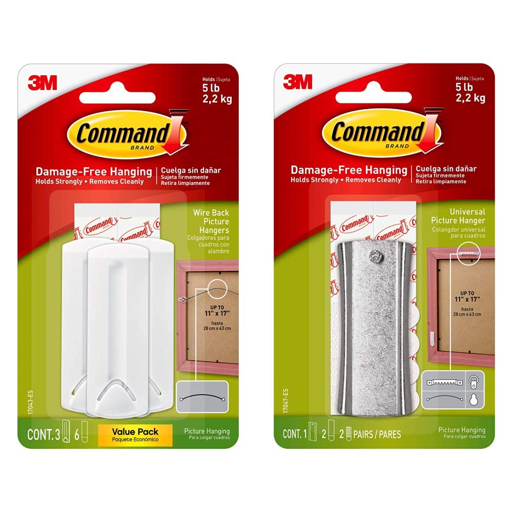 Command 17043 3 x Wire Backed Picture Hangers with Command Strips Value Pack-White & 17047UKN Universal Sticky Nail- Silver, Pack of 1
