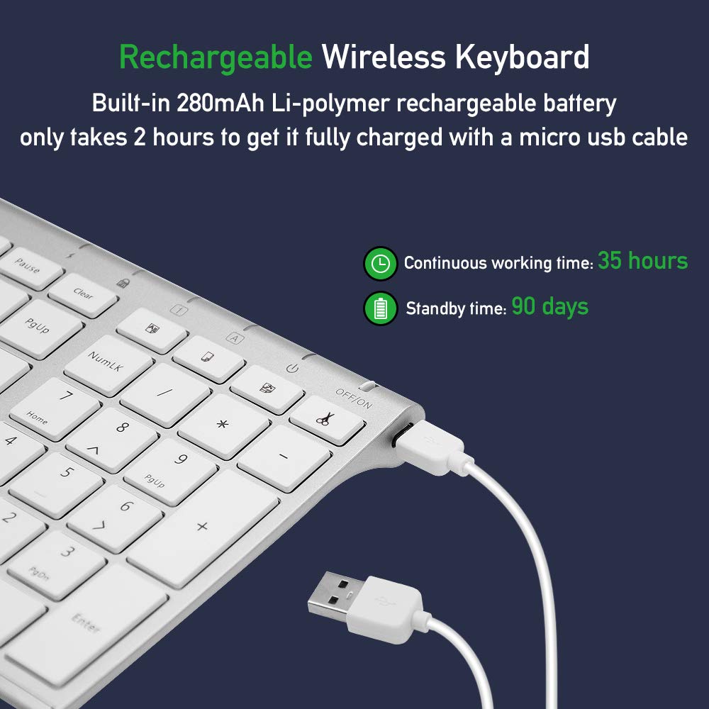 Keyboard and Mouse, Sonkir K-18 2.4GHz Ultra Thin Rechargeable Aluminum Full Size Wireless Keyboard Mouse Set for Windows, Laptop, PC, Notebook (Silver)