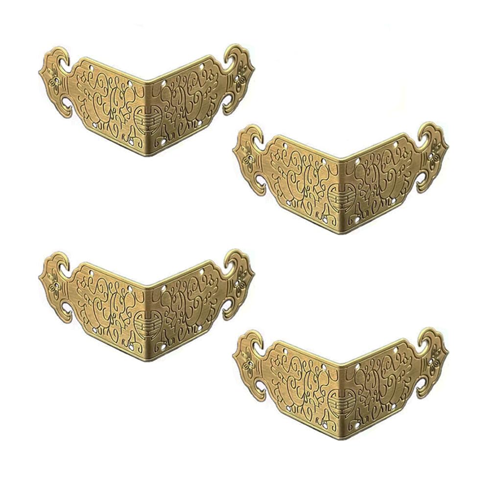 Tiazza 4Pcs Vintage Style Antique Brass Embossing Decorative Corner Protectors Classical Furniture Tables and Chairs TV Cabinet Corner Braces Guard Edge Cover