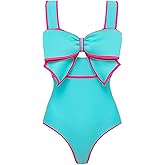 FLAXMAKER Bright Teal One Piece Swimsuit Women's Bow-tie Decor One Piece Bathing Suit