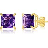 14k White or Yellow Gold Princess Cut Gemstone Square Stud Earrings for Women 7mm Solitaire Birthstone with Push Backs by MAX + STONE