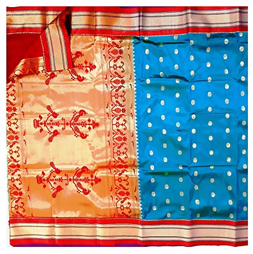 Buy Aarus Fashion Multiservices Women S Art Silk Semi Paithani Doller Butta Yeola Saree Feb 1 13 Chintamani Blue At Amazon In buy aarus fashion multiservices women