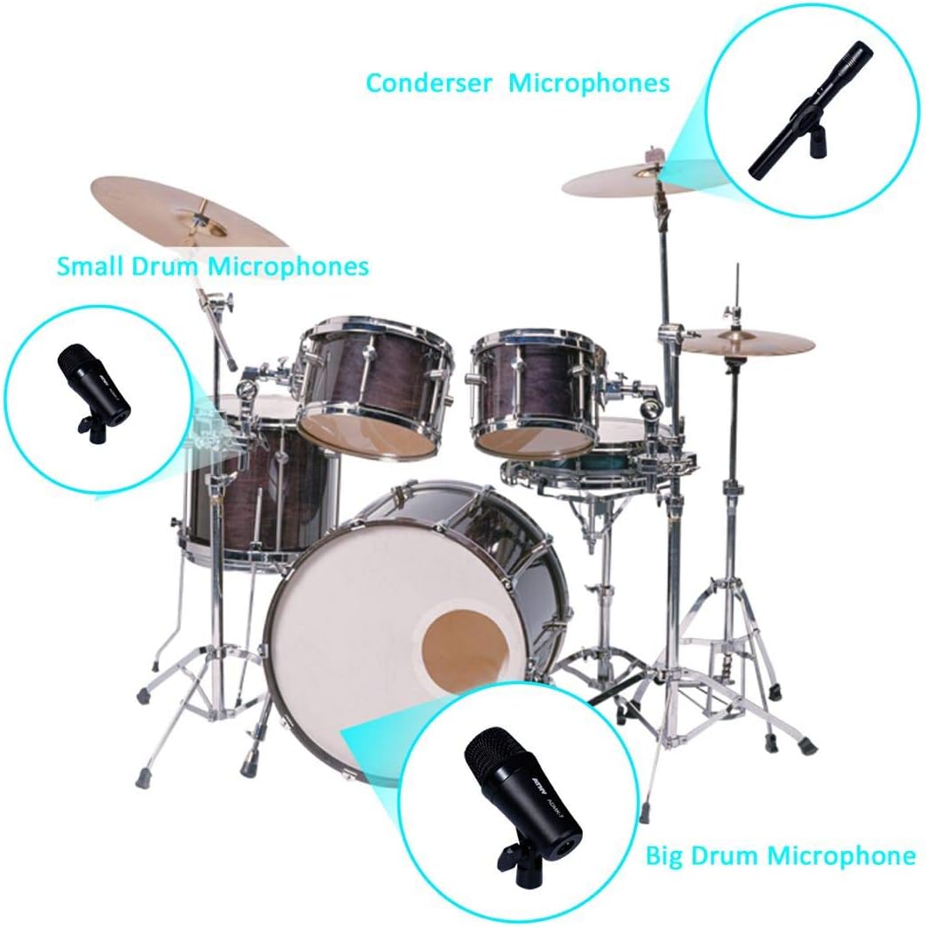 ATNY ADMK7 Supercardioid Dynamic Instrument Microphone - Pro 7-Piece Wired Dynamic Drum Mic Kit - Kick Bass, Tom - Snare & Cymbals Microphone Set (7-Piece Wired Dynamic Drum Mic Kit, Black): Home Audio & Theater